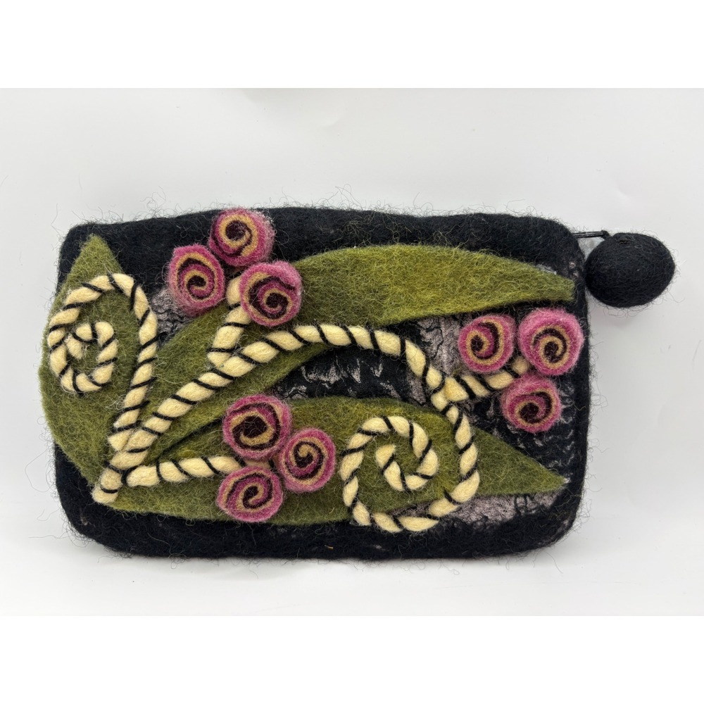 Rising Tide Felted Wool Floral Pouch Black Pink Green Artisan Zipper Bag 7in
